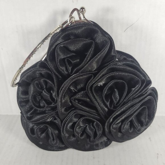 Black Satin Rose Classic Elegant Rhinestone Silver Handle Triangle Clutch Purse - Picture 1 of 8